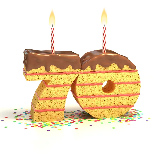 Шоколадный торт в окружении конфетти с зажженной свечой на семидесятый день рождения или юбилей — стоковое фото