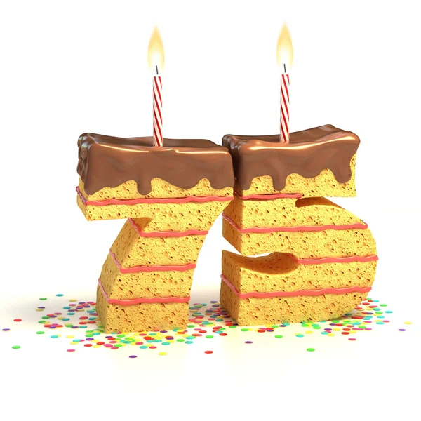 Pastel de cumpleaños de chocolate rodeado de confeti con vela encendida para una celebración de setenta y cinco años o aniversario —  Fotos de Stock