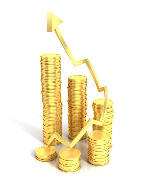 Konsep pertumbuhan keuangan 3d - koin emas sebagai batang yang naik pada grafik — Stok Foto