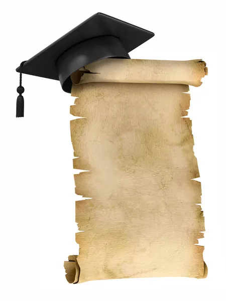 Cap de graduação no topo do pergaminho antigo - certificado ou modelo de diploma — Fotografia de Stock