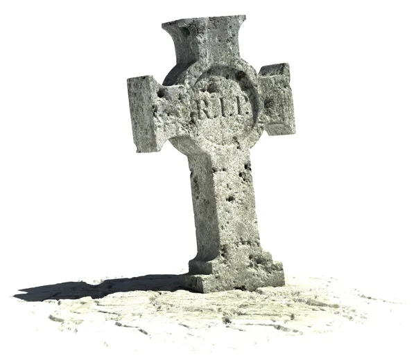 Gravestone em forma de cruz no fundo branco com sinal de rasgo nele — Fotografia de Stock