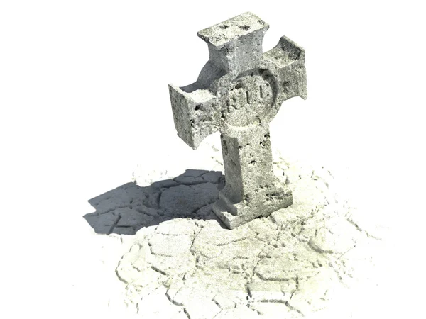 Pierre tombale en forme de croix sur le fond blanc avec signe de déchirure dessus — Photo