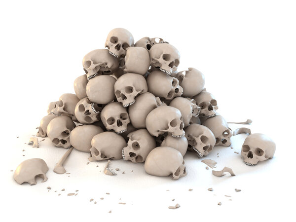 Pile of skulls isolated over white