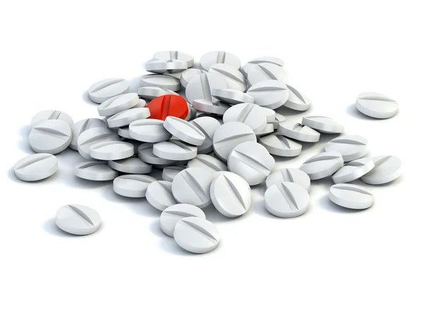 Pastillas médicas - una pastilla roja rodeada de pastillas blancas —  Fotos de Stock
