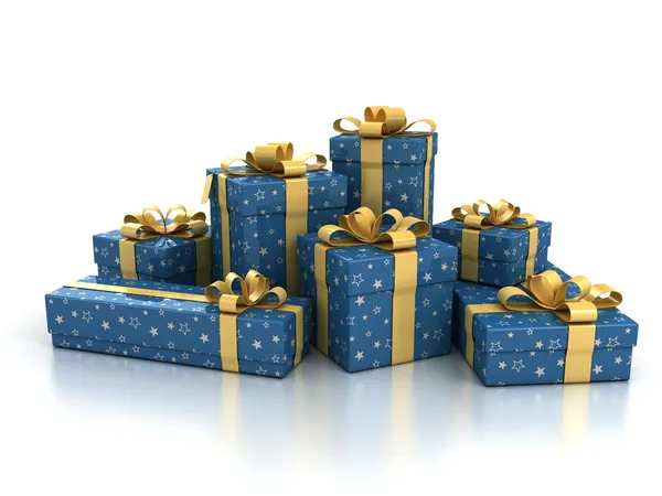 Kék ajándék dobozok fölött fehér háttér arany szalaggal — Stock Fotó