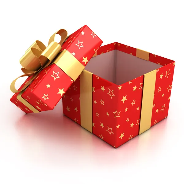 Open red gift box with golden ribbon over white background — Stok fotoğraf