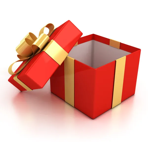 Scatola regalo aperta rossa con nastro dorato isolato su sfondo bianco . — Foto Stock
