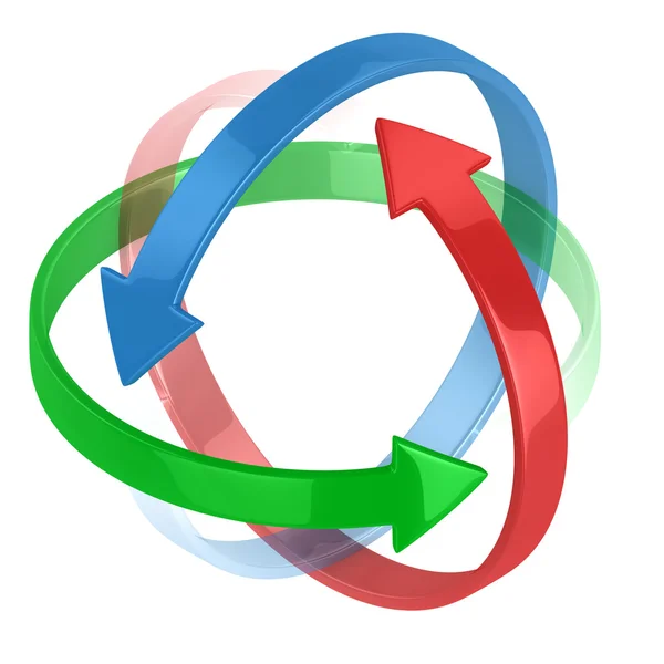Barevné 3d šipky krouží kolem symbolizující ochranu nebo pohybu — Stock fotografie
