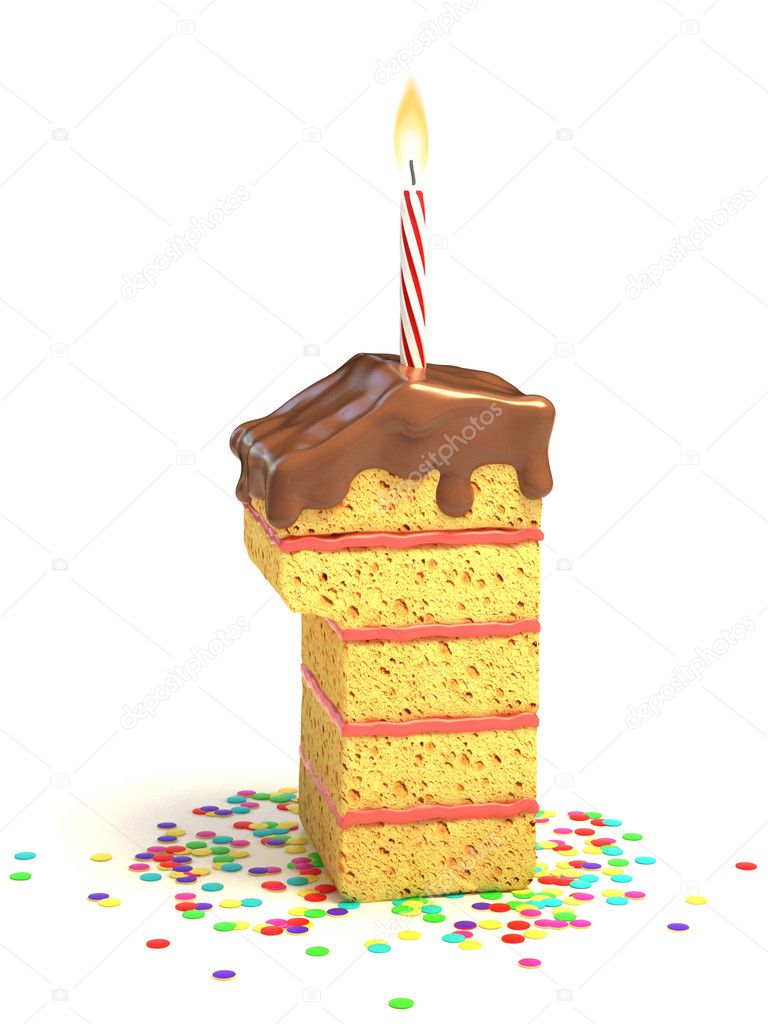 Number one shaped chocolate birthday cake with lit candle and confetti