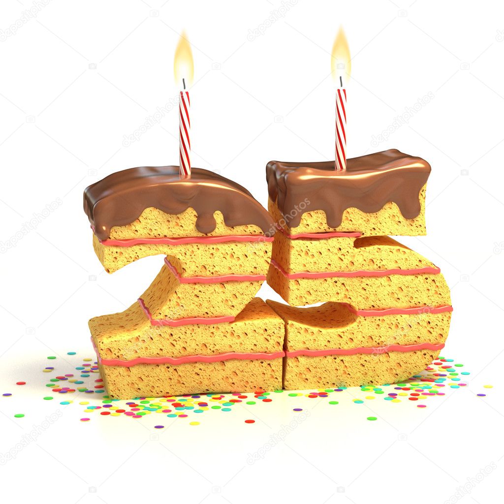 Chocolate birthday cake surrounded by confetti with lit candle for a twenty-fifth birthday or anniversary celebration