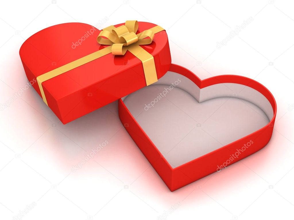 Open empty hearth shaped gift box over white background