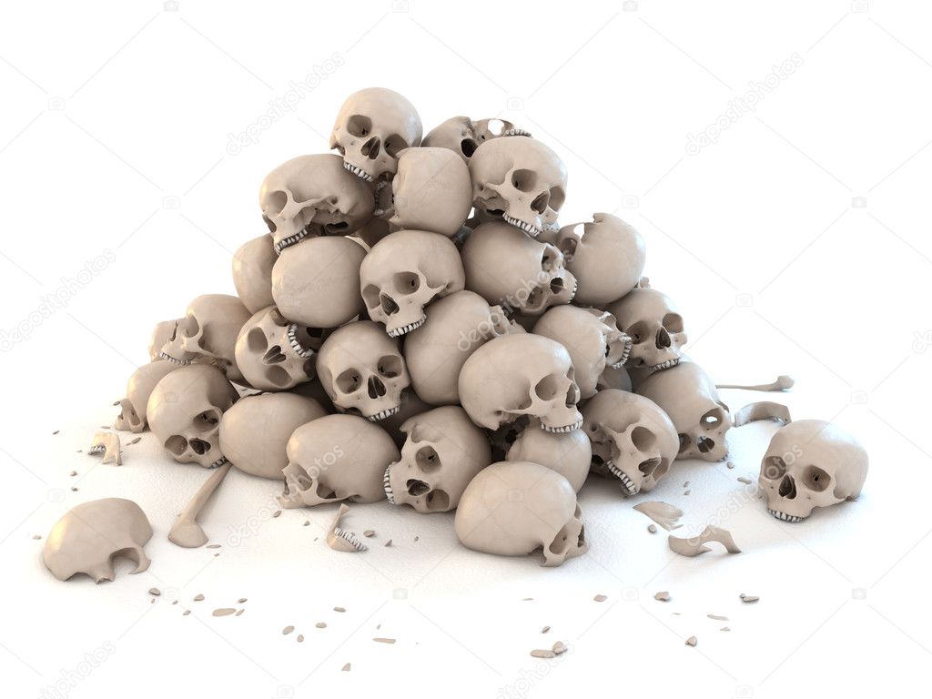 Pile of skulls isolated over white