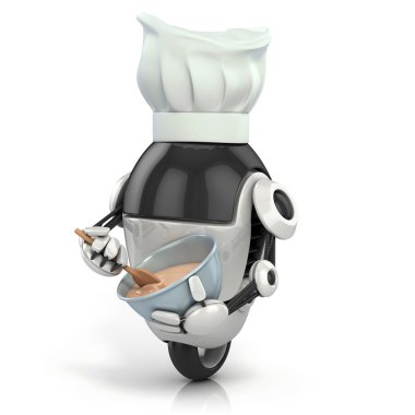 Funny robot - cook with the chef's hat making the dessert on the white background clipart