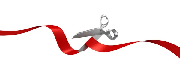 Scissors cutting red ribbon — Stock Photo, Image