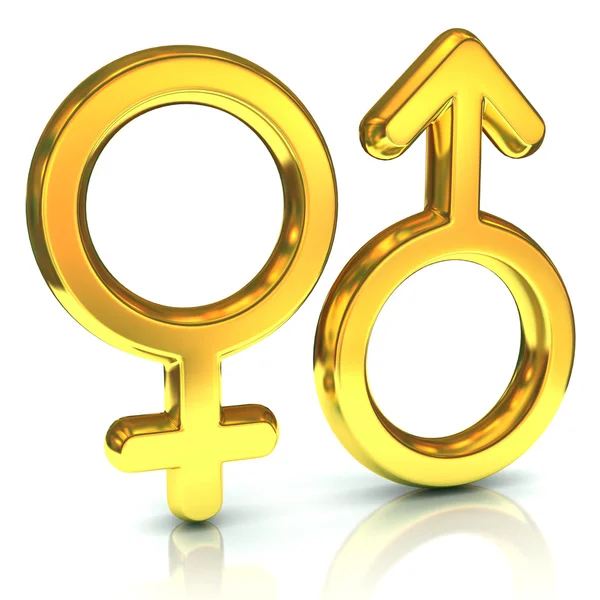 Male and female sex symbols, golden, isolated over white background — Stock Photo, Image