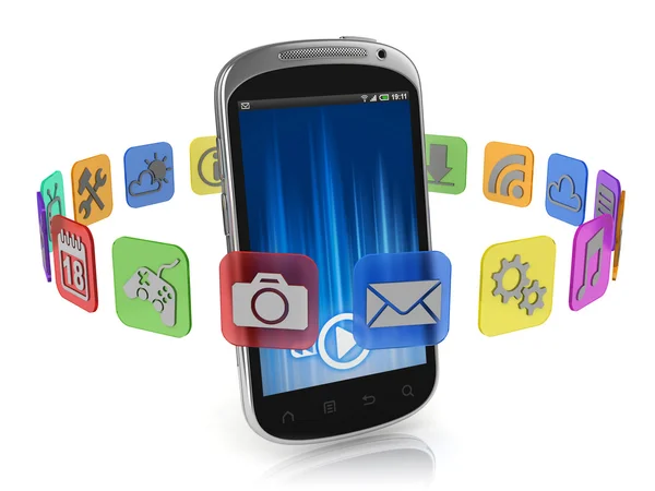 Application icons around smart phone 3d concept — Stock Photo, Image