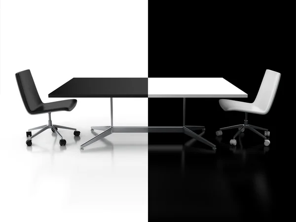 Negotiations, confrontation 3d concept - black and white desk — Stock Photo, Image