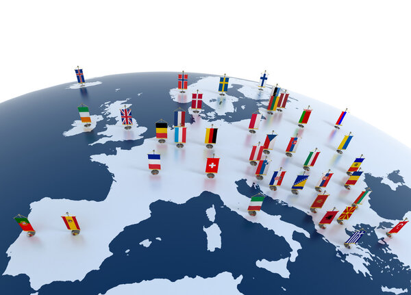 Европейский континент отмечен флагами
