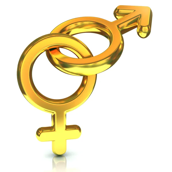Male and female sex symbols, golden, isolated over white background — Stock Photo, Image