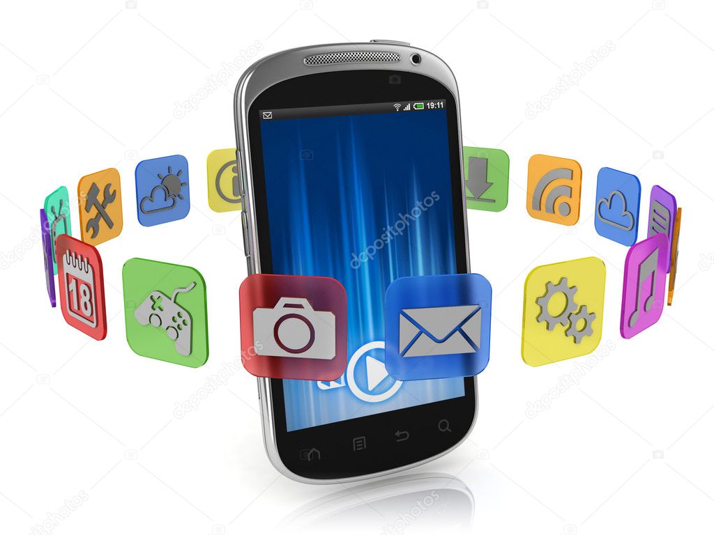 Application icons around smart phone 3d concept