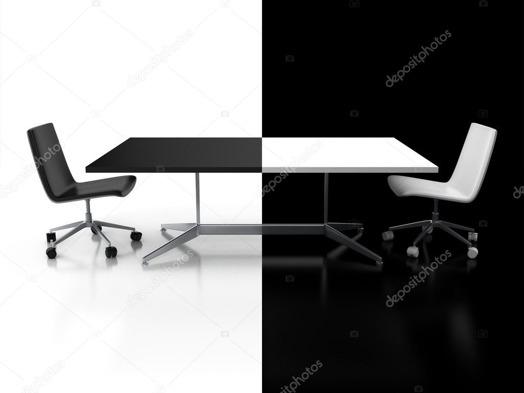 Negotiations, confrontation 3d concept - black and white desk
