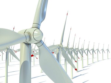 Wind power farm against white background - Power generation wind turbines clipart