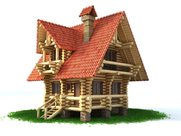 Dom drewniany na trawie na biały — Zdjęcie stockowe