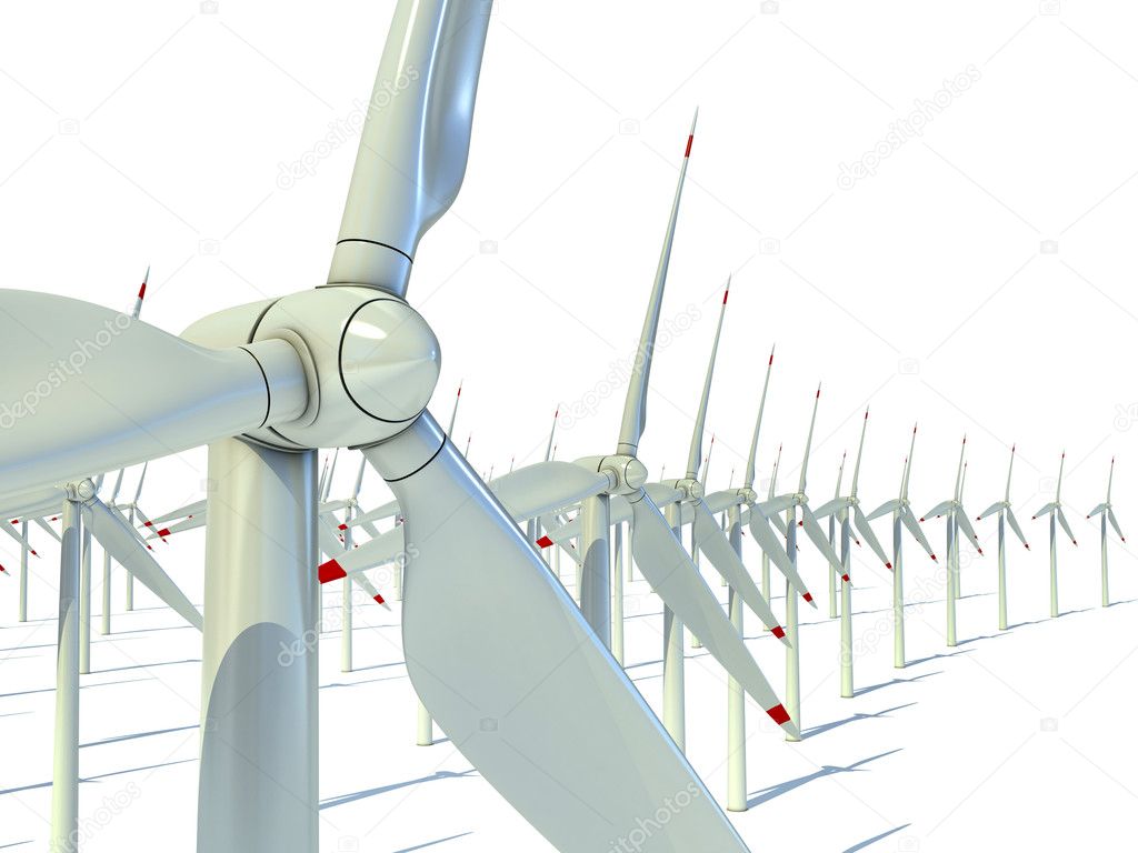 Wind power farm against white background - Power generation wind turbines