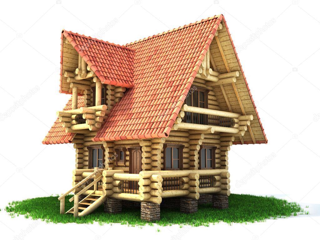 Wooden house on grass on white