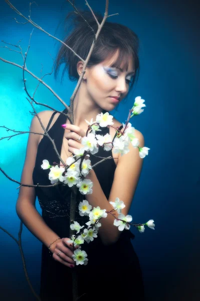 Una chica en un vestido negro con una rama de flores de cerezo, azul — Foto de Stock