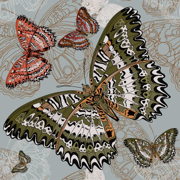 Beau papillon sur un fond sans couture en vecteur — Image vectorielle