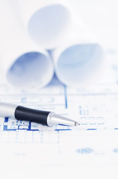 Architectural blueprint with pen — Stock Photo, Image