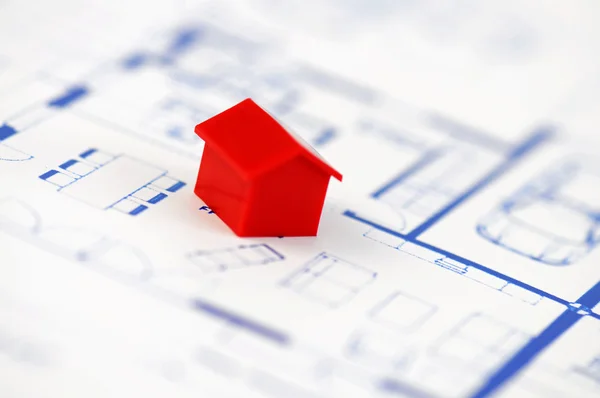 stock image Red model house with architecture plan