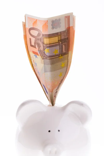 Zapisywanie pięćdziesiąt euro w polu biały pieniędzy — Zdjęcie stockowe