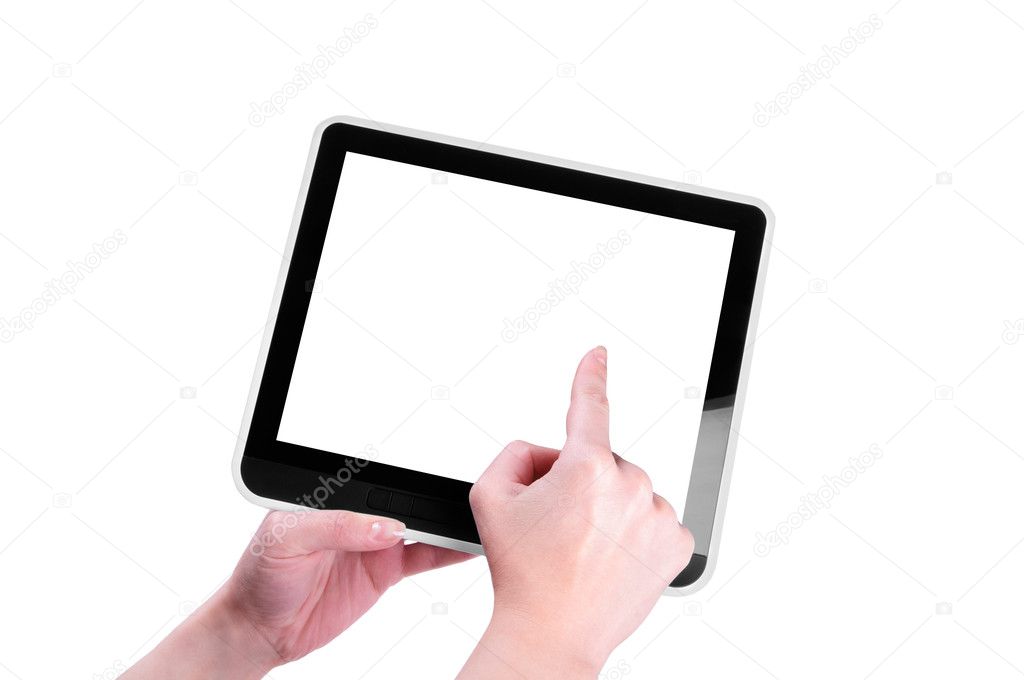 Finger pointing at tablet PC
