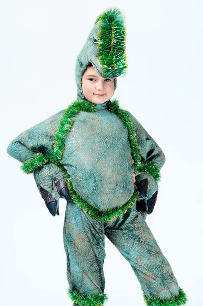 Pojke bär dinosaurie kostym Stockbild