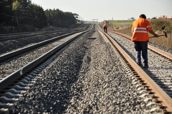 Працівники колії працюють вздовж залізничного коридору Ліцензійні Стокові Фото