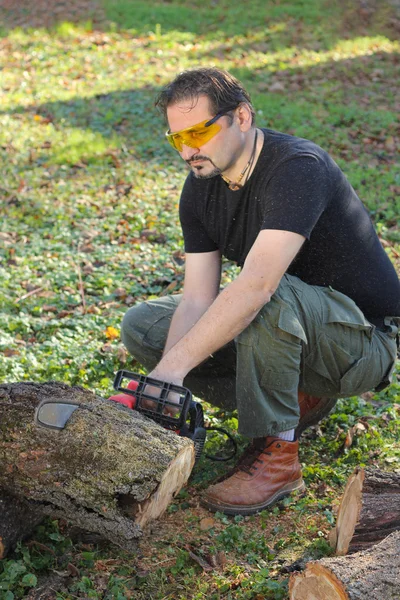 Hombre cortando tronco — Foto de Stock