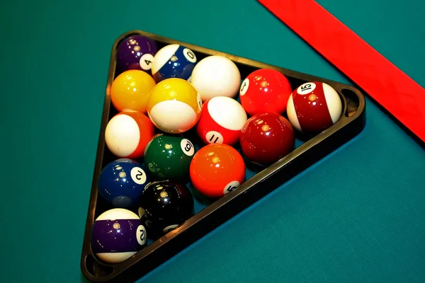 Shot of pool table and balls in triangle — Stock Photo, Image