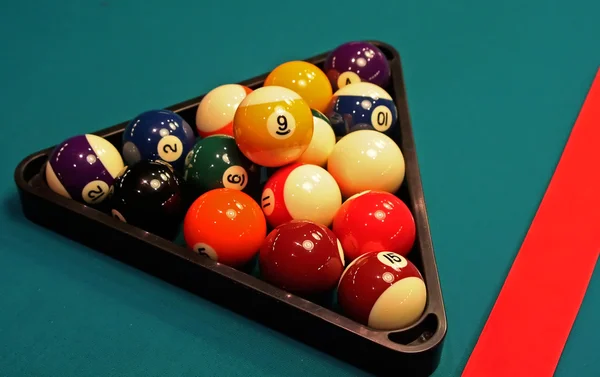 Shot of pool table and balls in triangle. — Stock Photo, Image