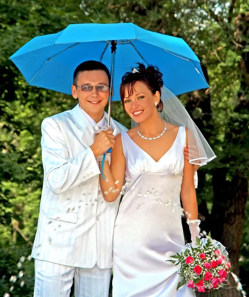 Noivo e noiva com o guarda-chuva — Fotografia de Stock