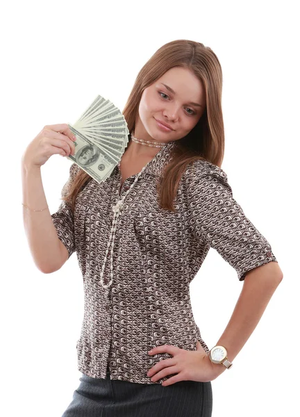Girl with fan of dollar — Stock Photo, Image