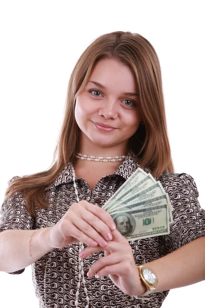 Девушка с фанаткой доллара — стоковое фото