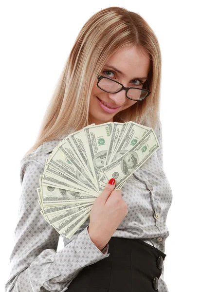 Girl with fan of dollars — Stock Photo, Image