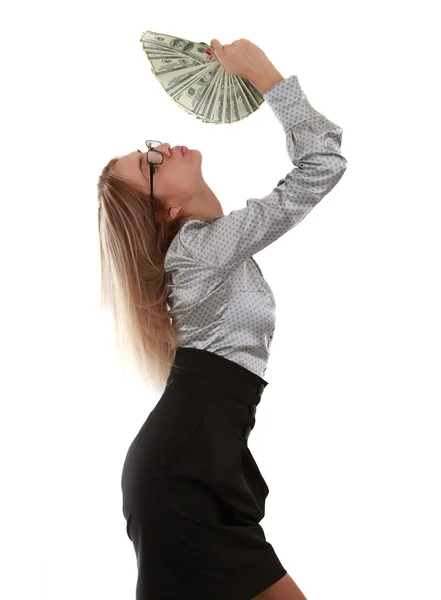 Girl with a fan of dollar bills — Stock Photo, Image