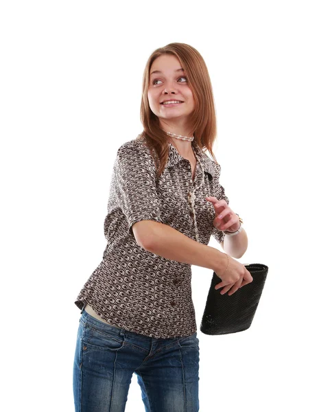 Girl throwing handbag — Stock Photo, Image
