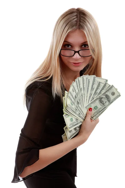 Girl with a fan of dollar bills — Stock Photo, Image