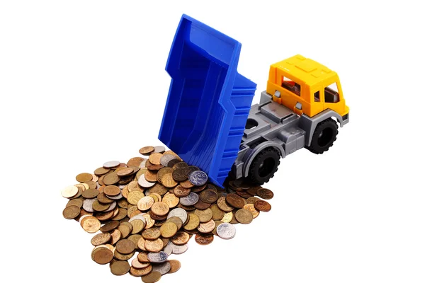 Toy truck loaded with coins — Stock Photo, Image