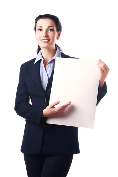 Attraktiva affärskvinna med tomma papper plåt — Stockfoto