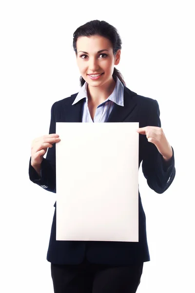 Aantrekkelijke zakenvrouw met lege papier blad — Stockfoto